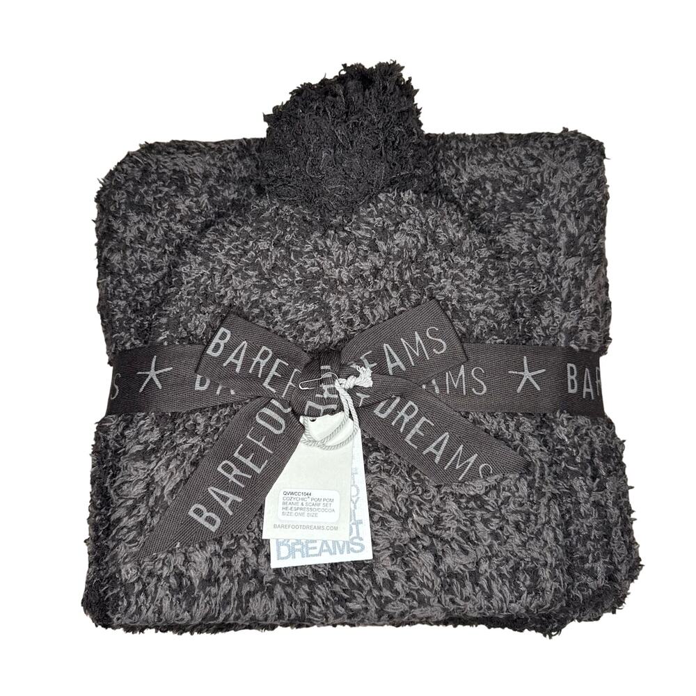 NWT Barefoot Dreams CozyChic Pom Pom Beanie & Scarf Set in Espresso/Cocoa